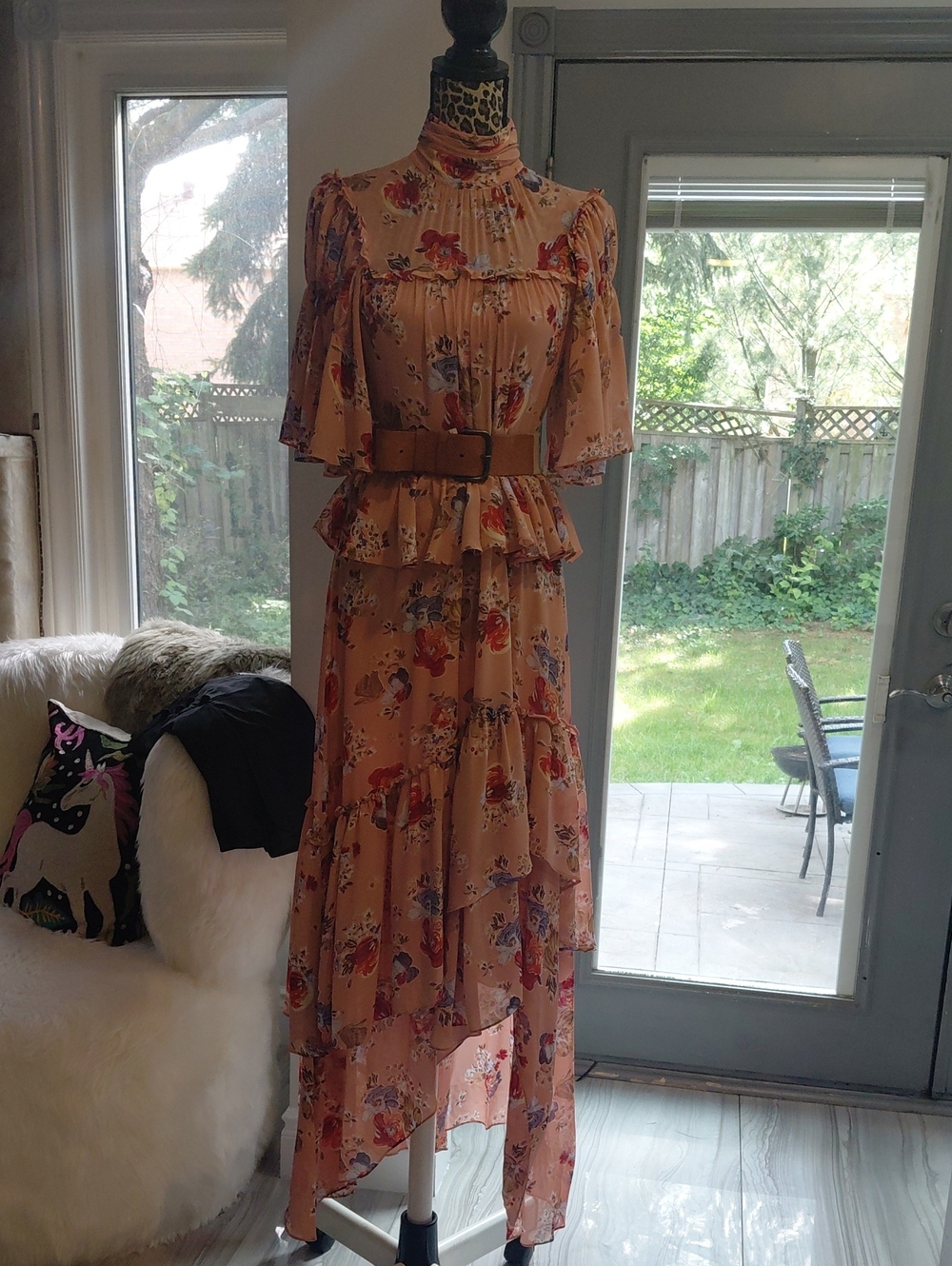 cinq a sept Peach Floral High-Low Ruffle Dress